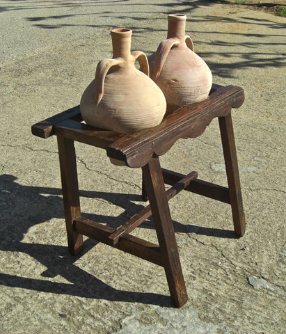 Antique two-hole poplar water jug stand with original clay jugs