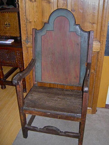 Antique polychromed friar's chair with arms, chestnut