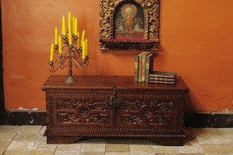 Heavily carved reproduction Spanish colonial dowry chest, cachimbo hardwood.