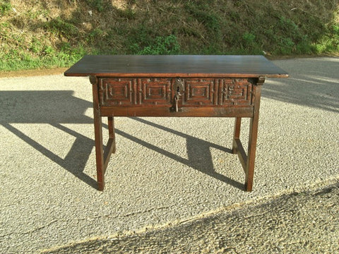 Antique carved single-drawer trestle-leg game dressing table, walnut