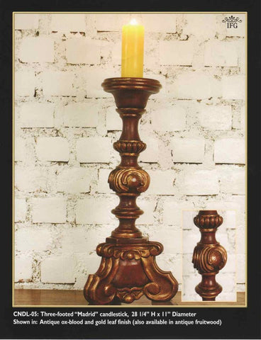 Reproduction Carved, Painted and Gilt Three-footed “Madrid” candlestick.