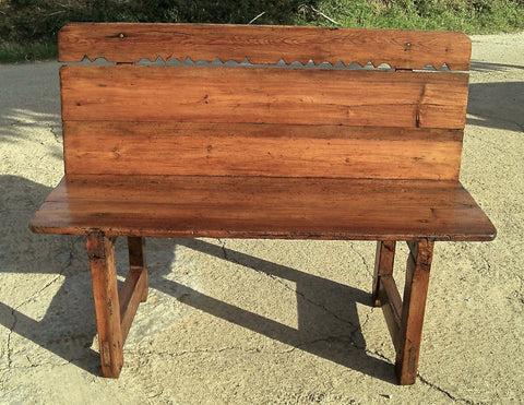 Large antique mixed wood choir bench, oak, elm and walnut