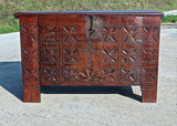 Antique carved Basque arms chest, chestnut and cherry