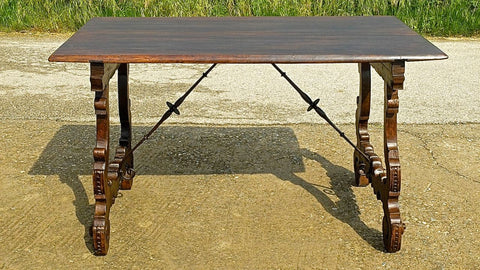 Antique pierced lyre leg library table with inlaid top
