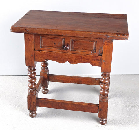 Antique lentil leg accent table with paneled drawer, walnut
