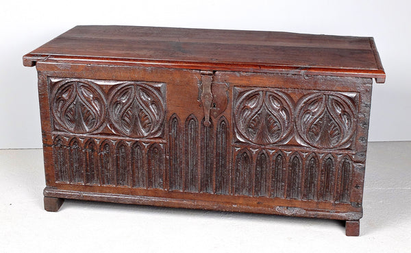 Antique carved neo-Gothic village chest, chestnut