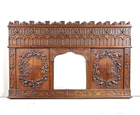 Antique carved Neo-Gothic panel with mirror, oak