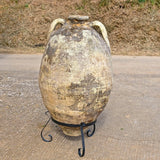Antique large, two-handle olive oil jar with iron base