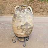 Antique large, two-handle olive oil jar with iron base