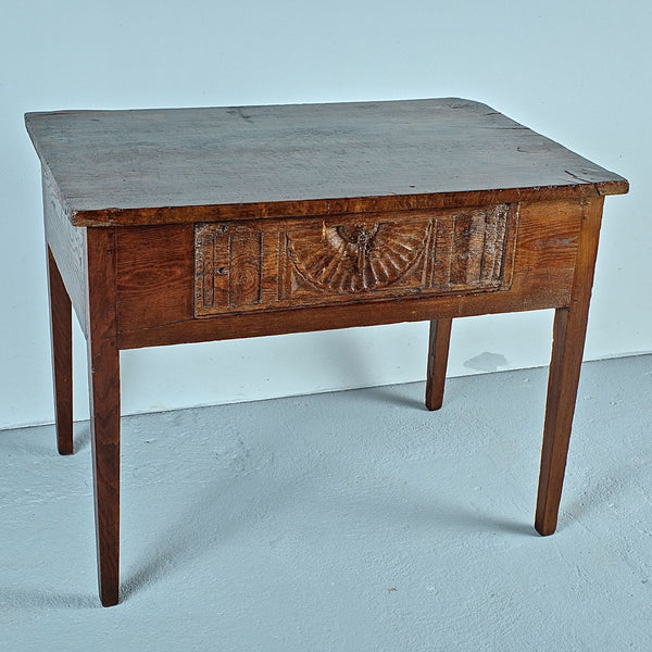 Antique carved drawer tapered leg writing table, chestnut