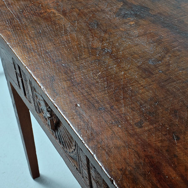 Antique carved drawer tapered leg writing table, chestnut