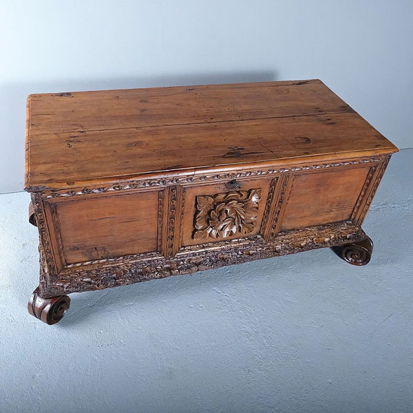 Antique carved Pyrenees chest, pine