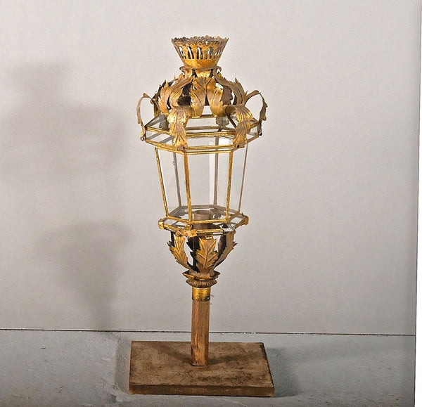 Pair of antique hexagonal gilt metal lanterns