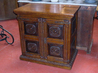 Reproduction three-drawer "Tuscan" nightstand, reclaimed cedar and cachimbo hardwood