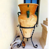 Antique large semi-glazed 4 handle olive oil jar with iron base