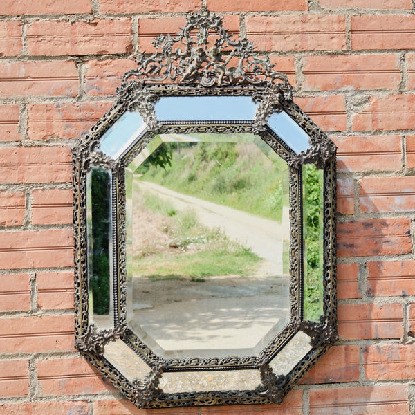 Large octagonal antique Napoleon III bronze mirror