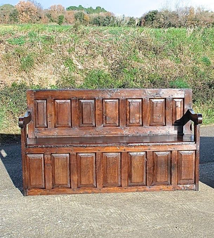 Small antique mixed wood choir bench, oak, elm and walnut