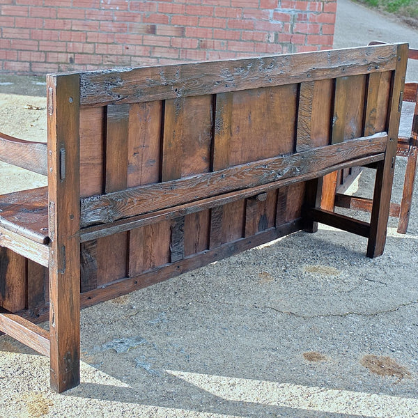 Large antique mixed wood choir bench, oak, elm and walnut