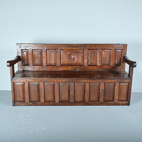 Antique Pyrenees bench with drop leaf back, pine