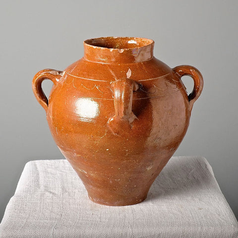Antique semi-glazed three-handle Pyrenees pot