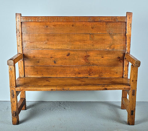 Rustic antique high-back bench, pine