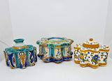 Set of 3 antique painted majolica ink pots