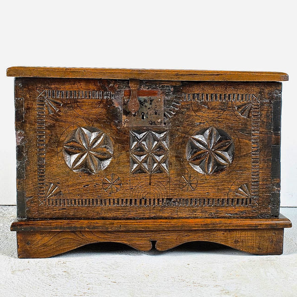 Antique carved document / valuables box, chestnut