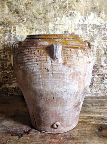 Antique semi-glazed four handle terracotta oil jar