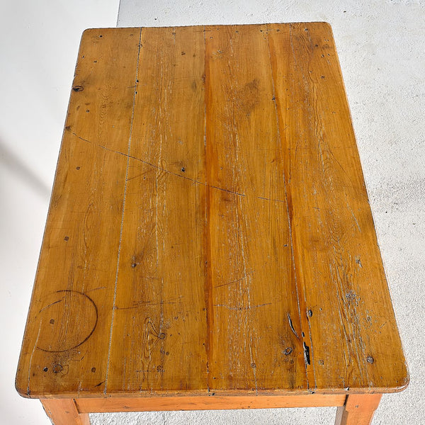 Antique tapered and beveled leg writing table with drawer, pine