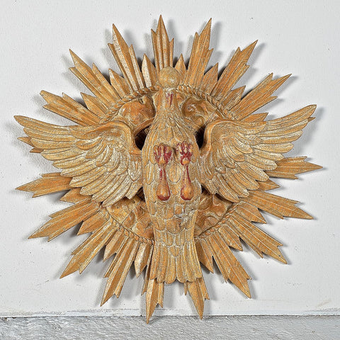 Antique carved and painted wood sculpture of the Holy Spirit with rays of God