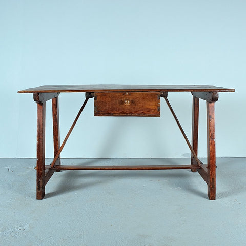 Antique Pyrenees work table with drawer and wooden stretchers