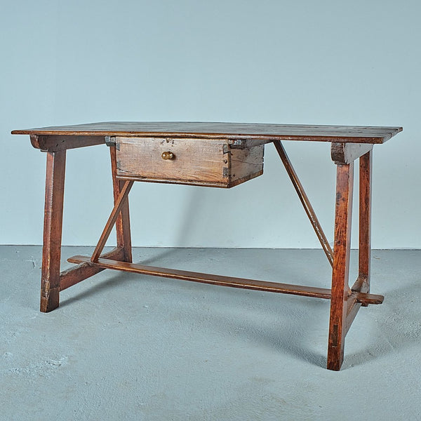 Antique Pyrenees work table with drawer and wooden stretchers