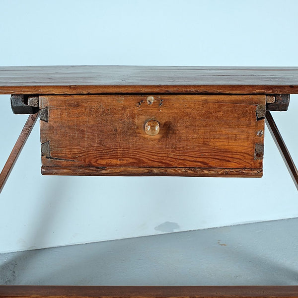 Antique Pyrenees work table with drawer and wooden stretchers