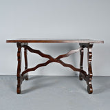 Antique lyre leg writing table with wooden stretchers, walnut