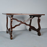 Antique lyre leg writing table with wooden stretchers, walnut