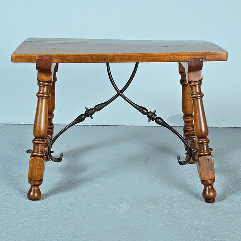 Antique turned leg accent table with iron stretchers, walnut