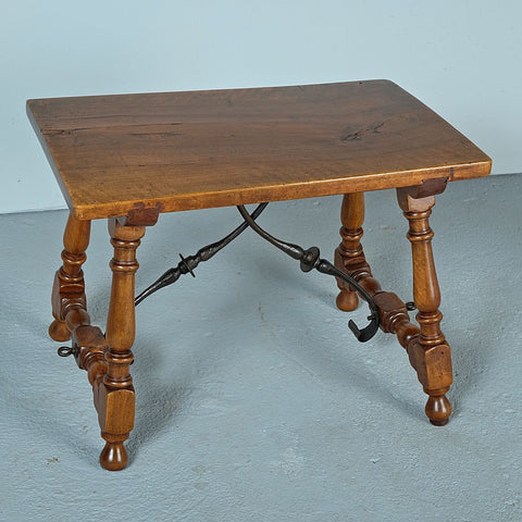 Antique turned leg accent table with iron stretchers, walnut