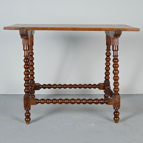 Antique carved drawer Andalusian lyre leg table with wooden stretchers, pine