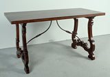 Antique pierced lyre leg library table with inlaid top