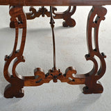 Antique pierced lyre leg library table with inlaid top