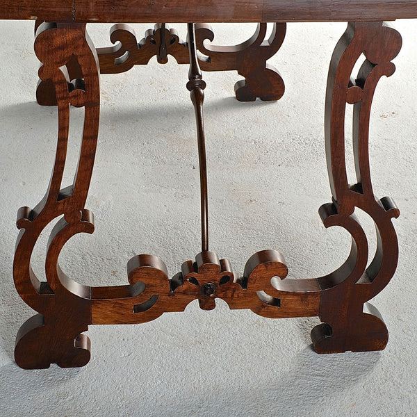 Antique pierced lyre leg library table with inlaid top