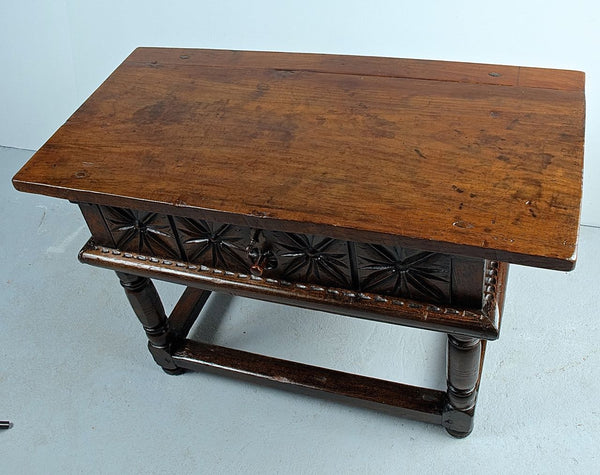 Antique pierced lyre leg library table with inlaid top