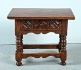 Antique low turned leg table with carved drawer, walnut