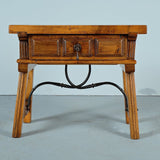 Small antique trestle leg accent table with paneled drawer, walnut