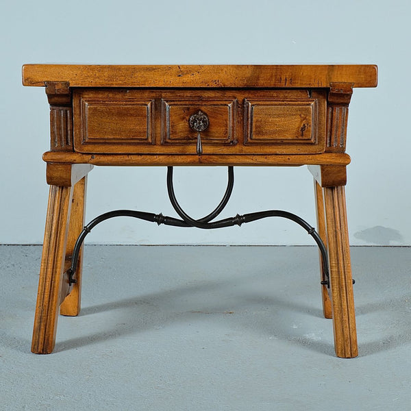 Small antique trestle leg accent table with paneled drawer, walnut