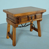 Small antique trestle leg accent table with paneled drawer, walnut