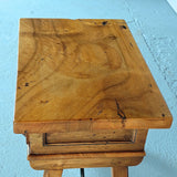 Small antique trestle leg accent table with paneled drawer, walnut