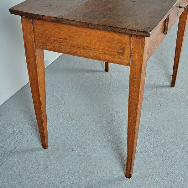 Antique tapered leg writing table with drawer, oak
