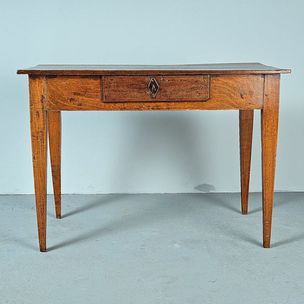 Antique tapered leg writing table with drawer, oak