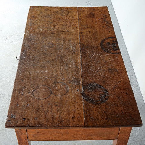 Antique tapered leg writing table with drawer, oak